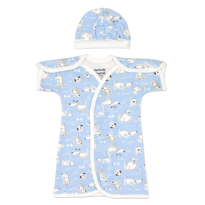 Puppy Love Blue Cotton NICU Gown