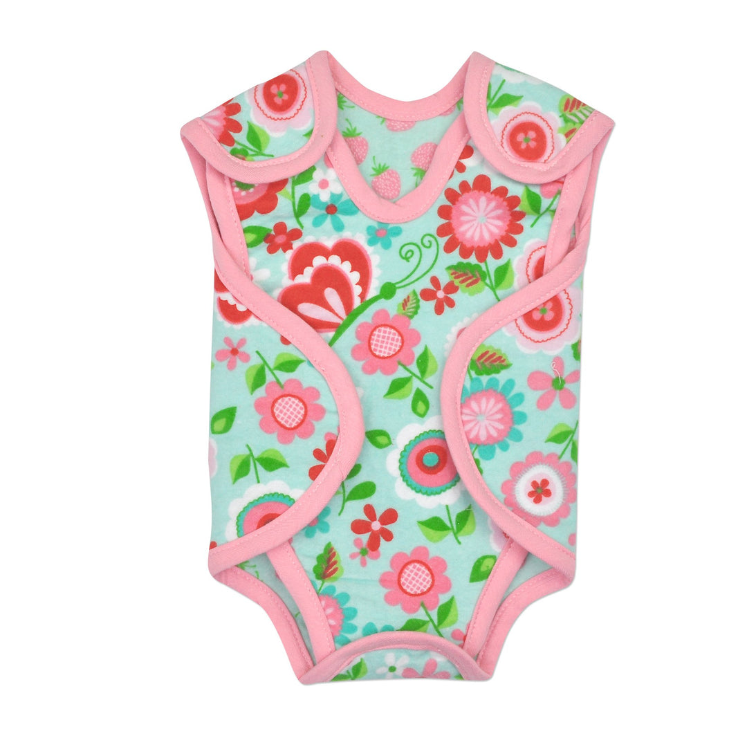 Preemie Girl's NICU Friendly Nic-Suit. Soft cotton flannel, with easy Velcro closures. Made from two separate pieces to provide the best access for NICU needs. Reversible for two different looks. One side is teal and Pink floral Print, and a Pink and teal strawberry print on The Other Side